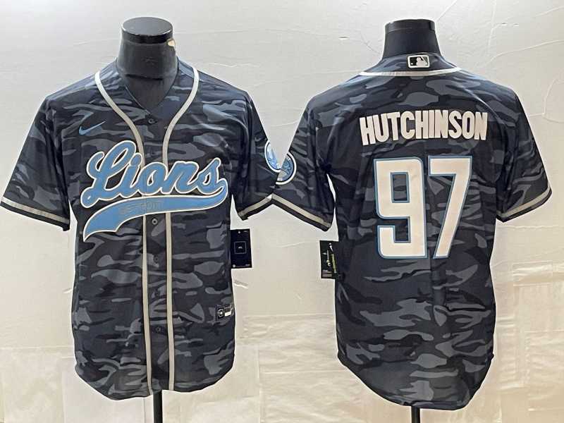 Mens Detroit Lions #97 Aidan Hutchinson Grey Camo With Patch Cool Base Baseball Limited Jersey